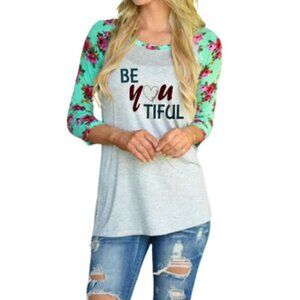 Beautiful Long Sleeve Top Graphic Logo Floral Teal Baseball Henley SZ SMALL NWT
